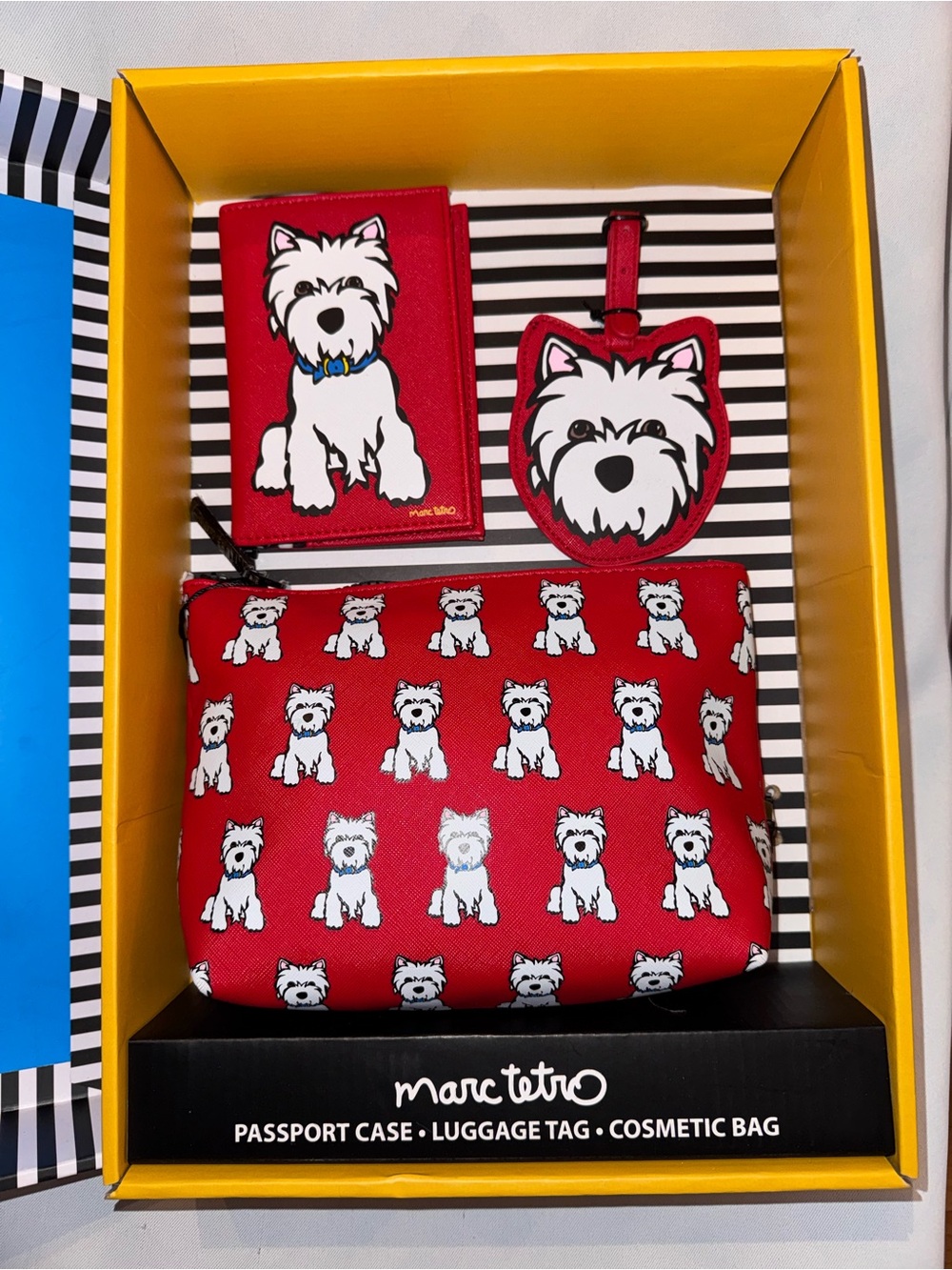 Marc Tetro Red Westie Travel Set - Passport Case, Luggage Tag & Cosmetic Bag